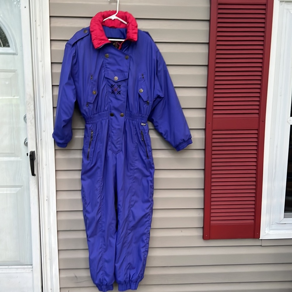 Vintage Skiing Passport womens purple& pink one piece ski suit